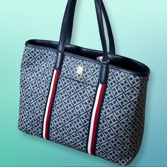 TOMMY HILFIGER WOMEN'S TOTE - NAVY BLUE LOGO w/RWB STRIPES New FREE SHIP - Picture 2 of 9